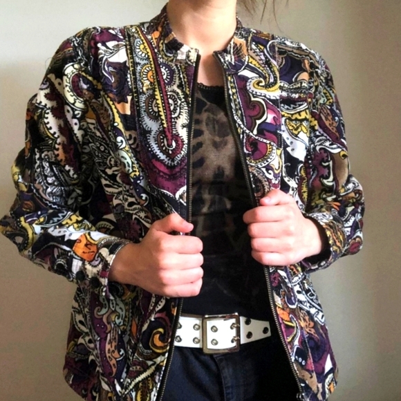 XL CHICO'S Multicolor Artsy Funky Paisley Corduroy Zip-Up Jacket - Picture 1 of 7